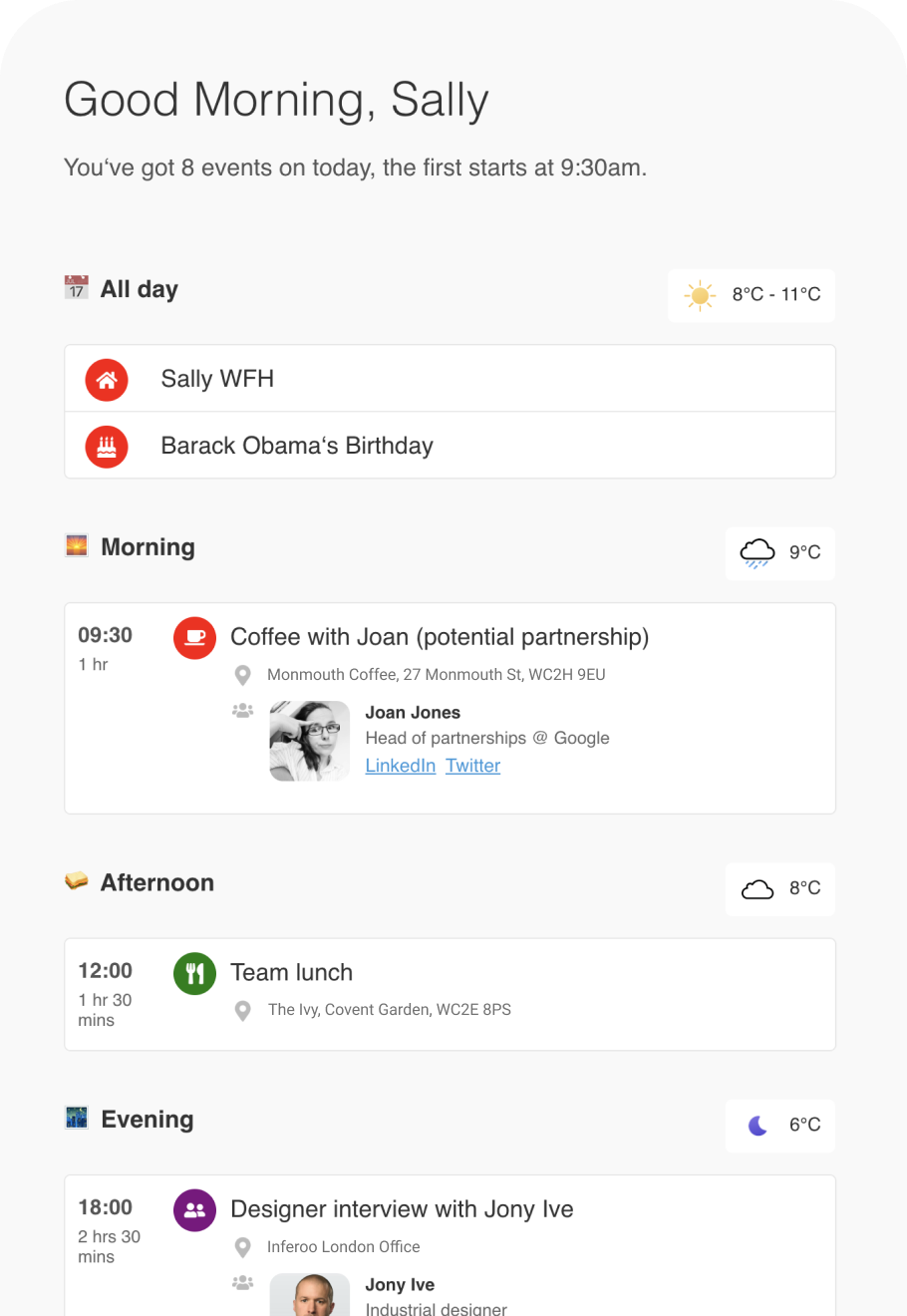 Screenshot of how our brefing email looks. Contains calendar events, weather and news.